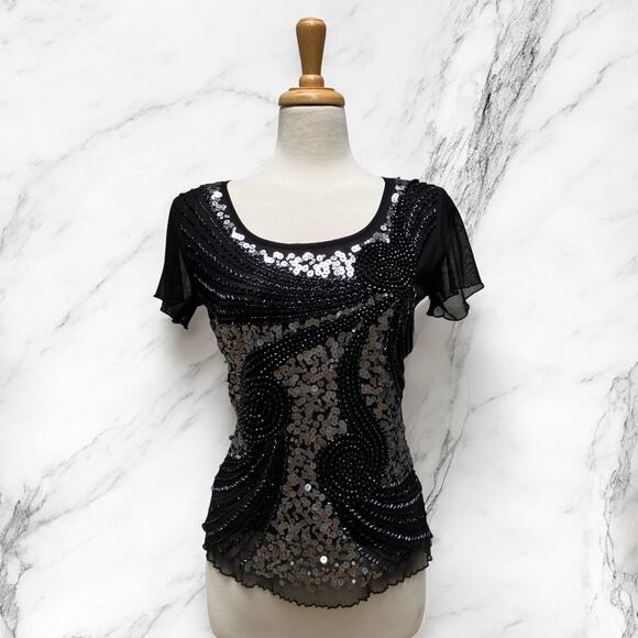 Cartise Embellished Shirt Sz M Black Silver Sequins Beaded Glam Y2K FairyGrunge - Picture 1 of 10